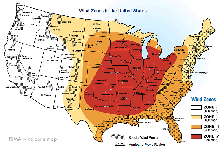 FEMA Severe Wind Zone and Tornado Alley map