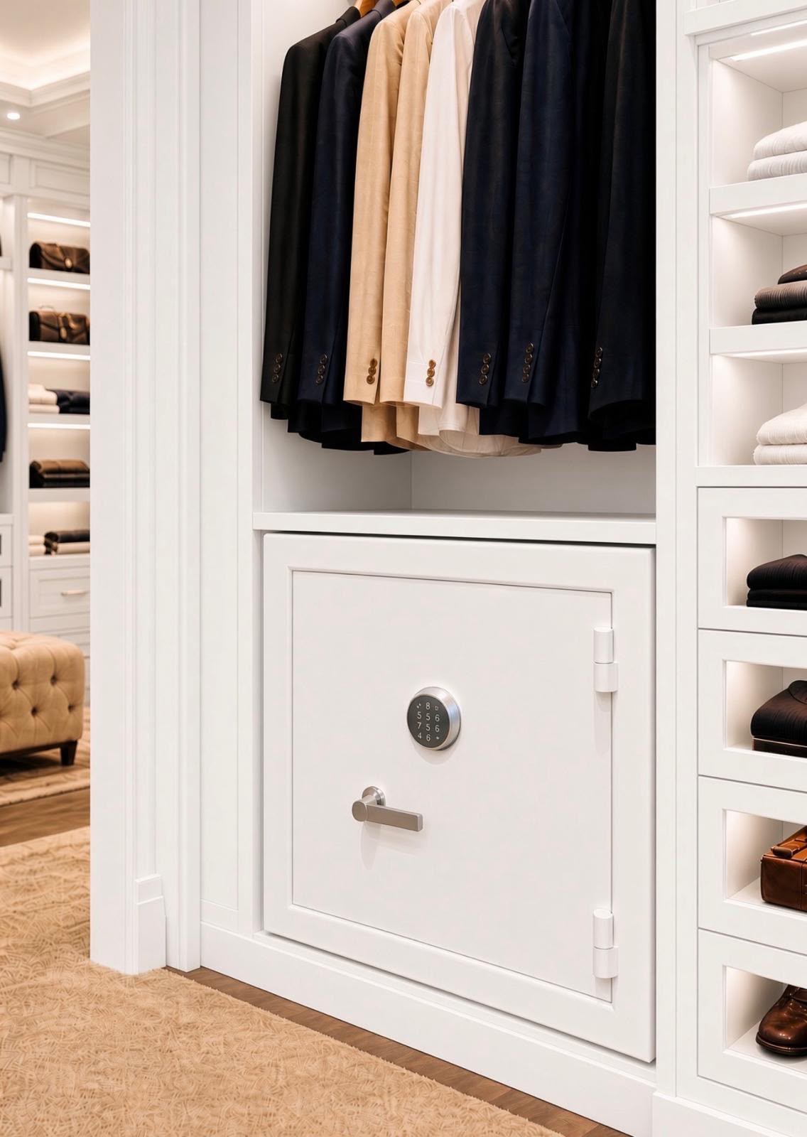 Sportsman home safe built into a white walk-in closet