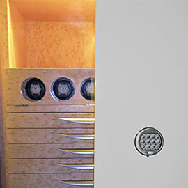 Jewelry safe interior with lighting and watchwinders