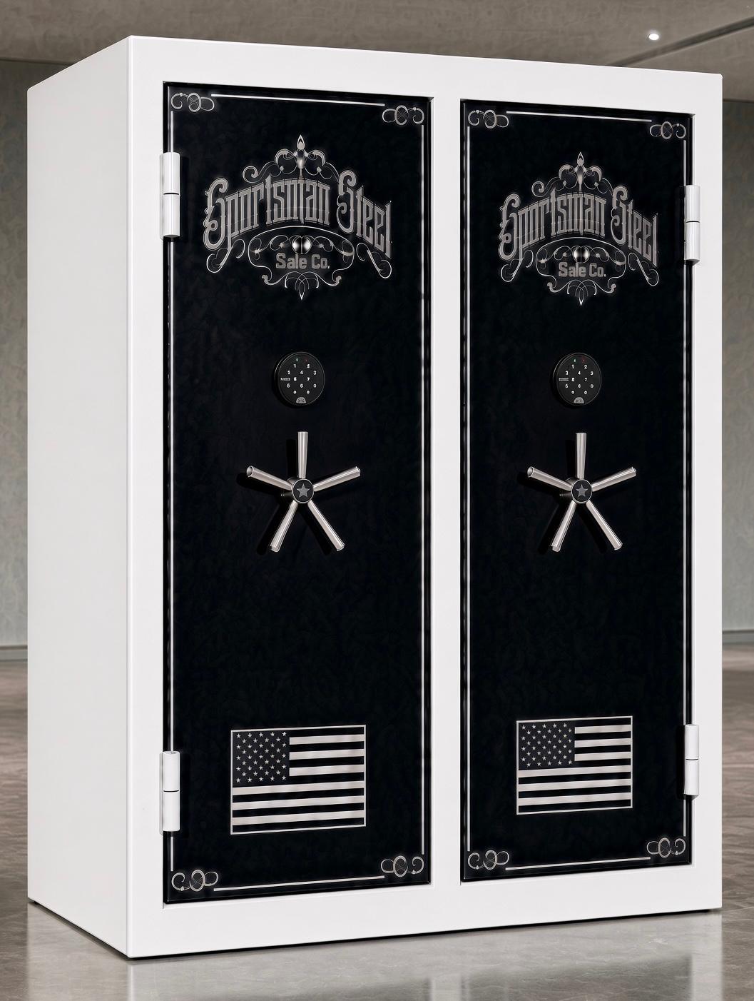 Iron American Twin Door gun safe, white body with black doors