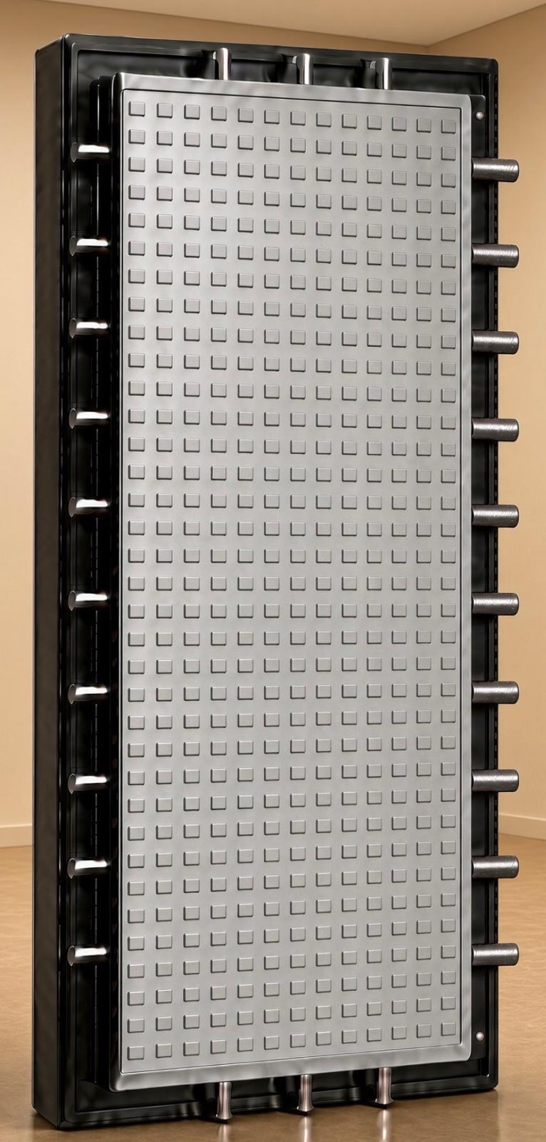 Vault door back showing the top and bottom bolt system