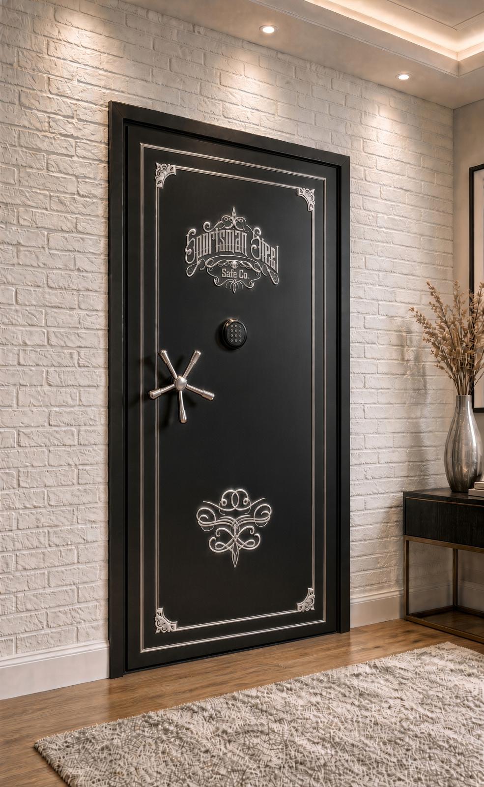 Sportsman vault door, black with silver accents, fitted in a home