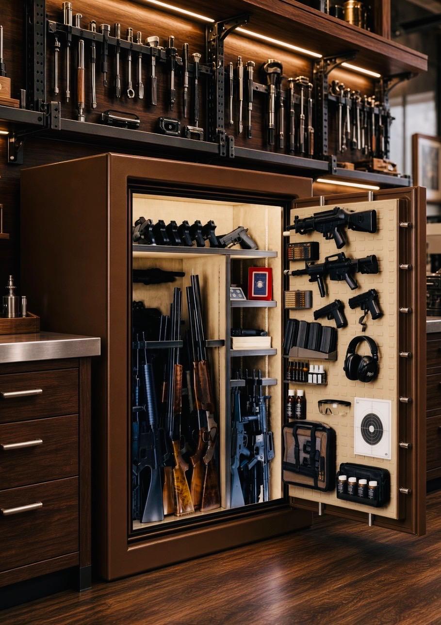 Iron American gun safe open with tactical panel door and rifle storage